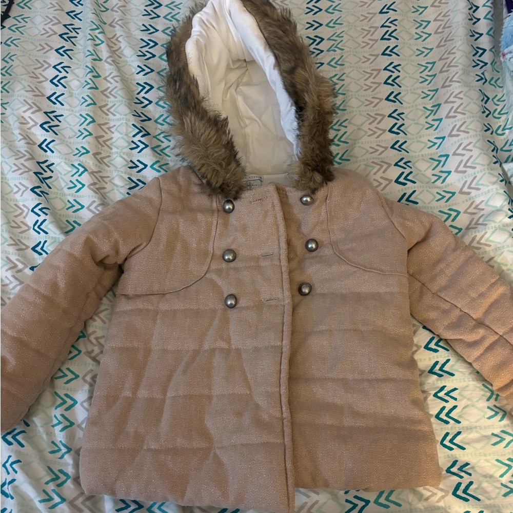 Max Studio Kids Beige Puffer Jacket with Faux Fur Hood